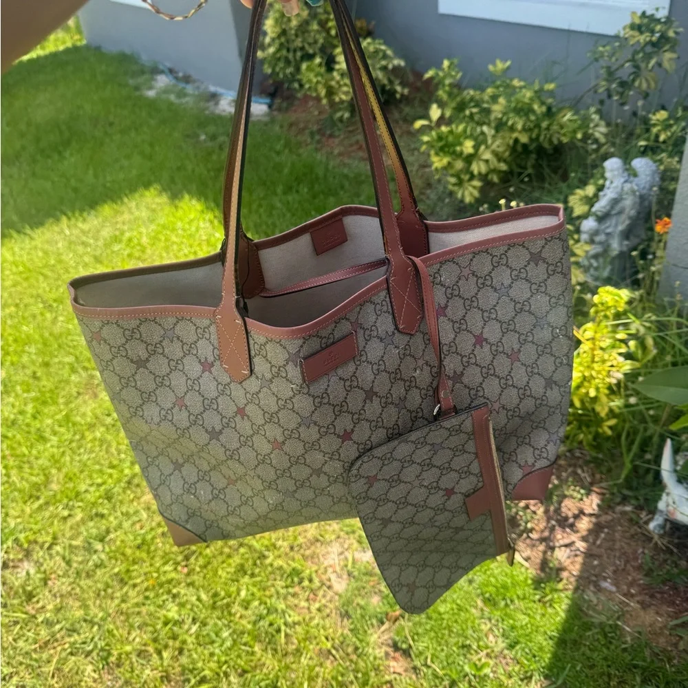 Gucci Women's Tote Bag GG Star Pattern Detachable Pouch Beige Brown Pink Purple